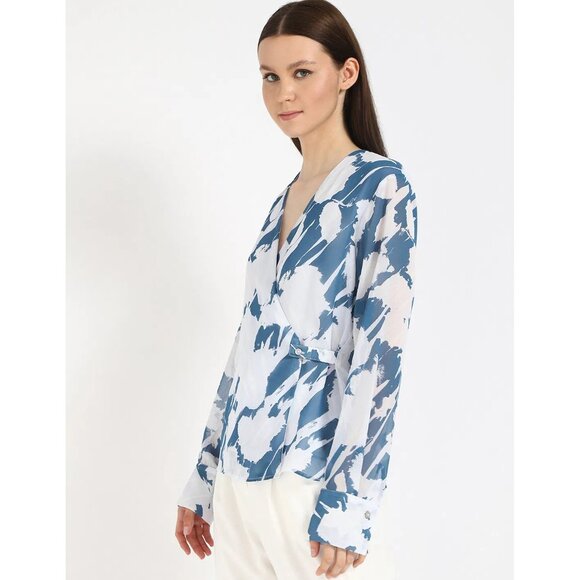 Calvin Klein Womens Floral Chiffon V-Neck Wrap Blouse/Shirt Blue Poseidon XL NWT - Picture 5 of 6